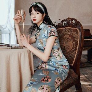 Sheng Coco Plus Size Vintage Patroon Qipao Chinese Zijde Cheongsam Jurken Blauw Lange Zijden Chipao Vrouwen Elegante Zijden Cheongsam 4XL