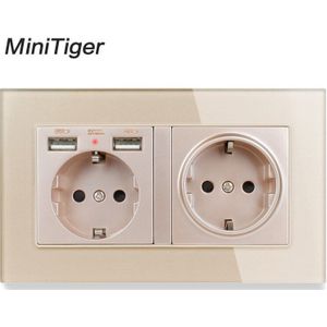 Minitiger 2 Gang Rusland Spanje Eu Standaard Stopcontact Met 2 Usb Charge Port Verborgen Zachte Led Indicator Crystal Glas panel