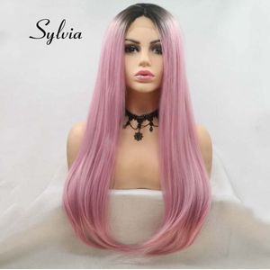 Sylvia Ombre Roze Pruik Lange Zijdeachtige Rechte Haar Pruiken U Deel Lace Pruik Synthetische Lace Pruik Voor Vrouwen Haar Warmte slip Vezel Haar