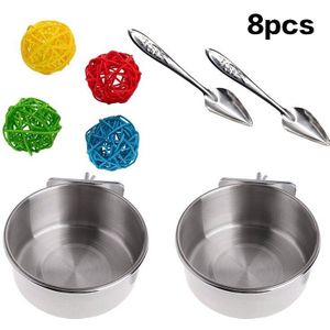 8Pcs Rvs Vogel Feeder Set-Papegaai Voeden Schotel Cups Voedsel Water Kom Vogel Voeden Lepel Voor Kooien kleine Dieren