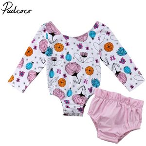 Brand 0-24 m Pasgeboren Baby Baby Meisje Kleding Set 2 stks Lange Bloem Mouwen Romper Tops PP Bodem Roze Shorts Kleding Sets