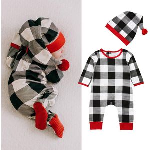 Xmas Pasgeboren Baby Jongen Meisje Leuke Romper Hoeden 2 Stuks Plaid Print Lange Mouwen Katoen Jumpsuits Romper Outfit 0-24M Herfst Kleding