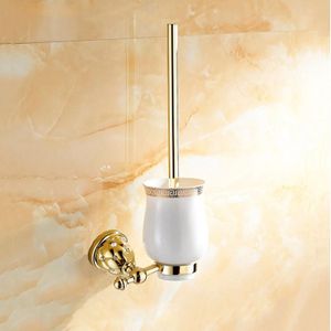 Antieke Goud Messing Afwerking Toiletborstel Houder Met Keramische Cup Bad Product Wandmontage Badkamer Accessoires Voor Thuis Verbeteren