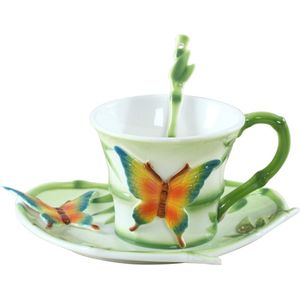 3D keramische Bamboe Vlinder Koffie Kopjes en Schoteltjes Set Stellen Cup Creatieve Bone Porselein Afternoon Tea Cups ambachten beeldjes
