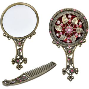 2 Stks/set Retro Brons Handheld Spiegels Hollow Cosmetische Compacte Spiegel Kam Set Met Box Willekeurige Kleur