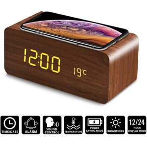 4 Kleuren Moderne Houten Digitale Led Desk Wekker Thermometer Qi Draadloze Oplader Voor Home Office