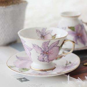 Nordic Stijl Koffiekopje Set Paarse Bloem Gouden Rand Mate Koffie Cup Eco Vriendelijke Gebruiksvoorwerp Wedding Xicara Keuken Benodigdheden EB50BD