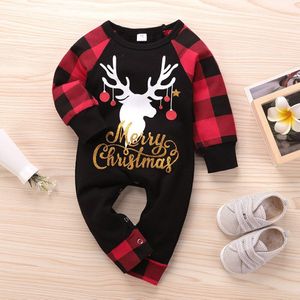 Xmas Vrolijk Kerstfeest Pasgeboren Baby Baby Boy Lange Mouw Plaid Rompertjes Herten Rode Jumpsuit Speelpakje Baby Kostuum Kinderen Kleding