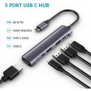 Usb C Hub Type C Adapter Naar Hdmi 4K Usb 3.0 3.5Mm Jack Hoofdtelefoon Pd 60W Type C Docking Station