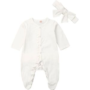 0-12M Baby Baby Jongens Meisjes Footies Ruches Lange Mouwen Effen Nachtkleding Hoofdband Kleding Knoppen