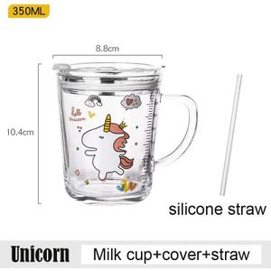 350Ml Melk Cup Met Cover En Siliconen Stro Glas Mok Voor Baby Cartoon Dier Eenhoorn Drink Water Fles Warmte-Slip Handvat