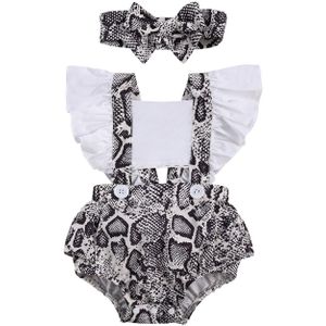 Focusnorm Pasgeboren Baby Meisjes Jongens Bodysuits Hoofdband 2 Stuks Slangenhuid Print Ruches Korte Mouw Backless Jumpsuits