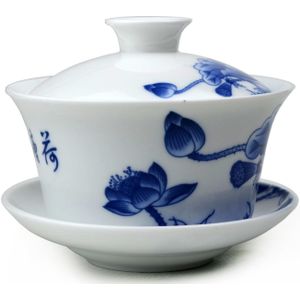 Gaiwan 300Ml Terrine Lotus Theekopjes Blauw Wit Porselein Traditionele Chinese Thee Set Deksel Kopjes Schotel Theewaar Cover Kom Theewaar