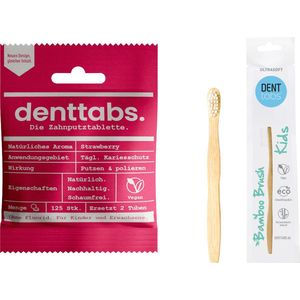 Denttabs tandenpoetstabletten Aarbei - Zonder fluoride + Kindertandenborstel Bamboe - 1 x 125 stuks
