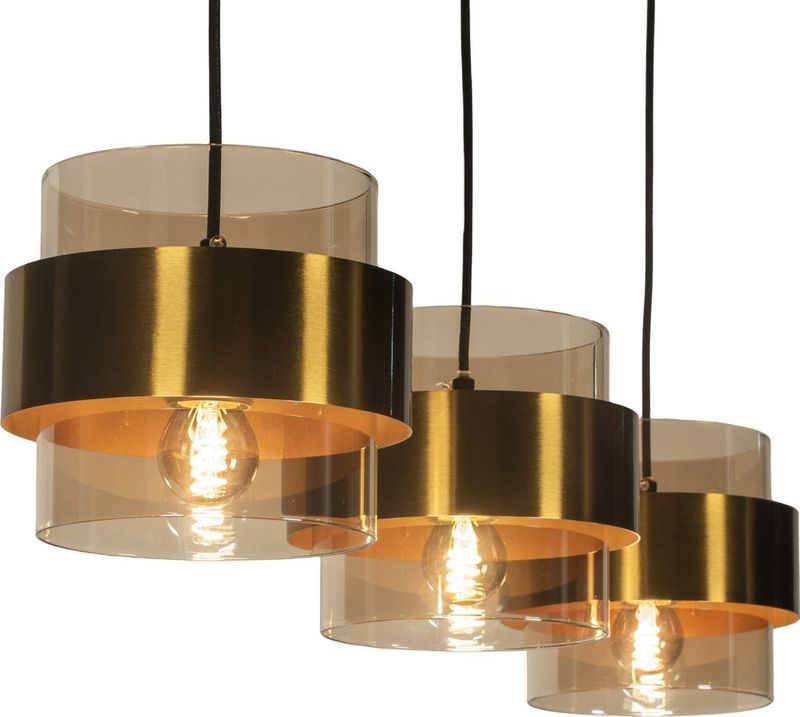 Hanglamp - Amberkleurig Glas - Gouden Details - 3-lichts