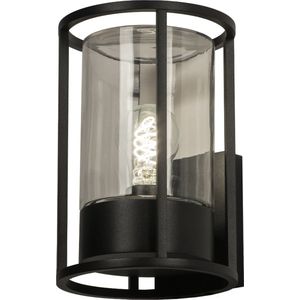 Zwarte wandlamp met een stolp van glas, geschikt voor binnen, buiten en de badkamer