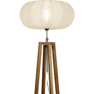Houten staande lamp met beige ronde lampenkap