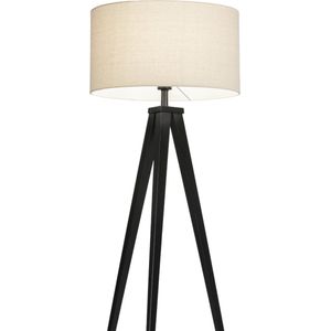 Zwarte staande lamp met beige lampenkap van linnen