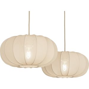Beige - Dubbele Hanglamp - Stof - Japandi Stijl - Twee Lampion Kappen