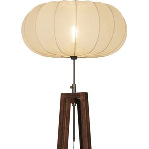 Japandi vloerlamp: Houten staande lamp in walnoot bruin met lampion kap van stof