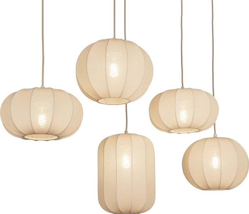 Grote - Japandi Hanglamp - Beige - Stof - Vijf Lampionnen