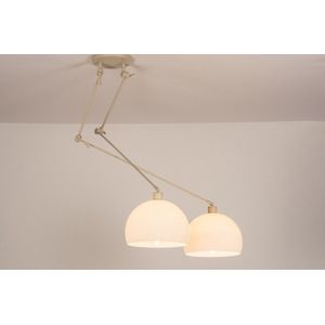 Verstelbare XL hanglamp met twee knikarmen en retro witte bollen