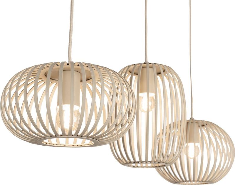 Beige Hanglamp - Drie Open Kappen - Rechte Balk - Verstelbare Snoeren