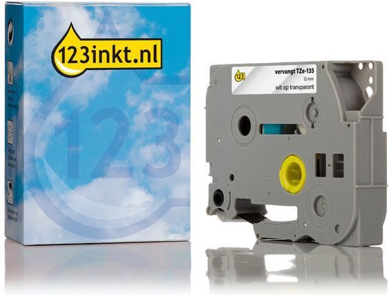 123inkt - TZe-135 Tape - Wit op Transparant - 12 mm - 8 Meter