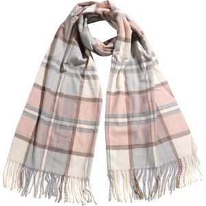 Nouka Licht Roze Multicolor Dames Sjaal- Warme & Lichte Sjaal – Herfst / Winter – Geruit Patroon - met Franjes - 70 x 200 cm