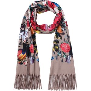 Nouka Bruine Multicolor Dames Sjaal - Warme & Lichte Sjaal – Herfst / Winter – Bloemenprint - met Franjes - 70 x 200 cm