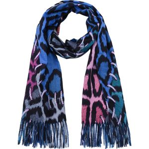 Nouka Blauw & Roze Multicolor Dames Sjaal- Warme & Lichte Sjaal – met Panterprint en Touwprint – Herfst / Winter – met Franjes - 70 x 180 cm
