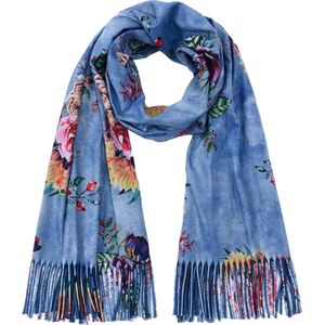 Nouka Blauwe Multicolor Dames Sjaal - Warme & Lichte Sjaal – Herfst / Winter – Bloemenprint - met Franjes - 70 x 200 cm