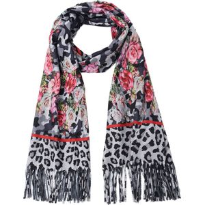 Nouka Grijze Multicolor Dames Sjaal– Warme & Lichte Sjaal – Panterprint– Bloemenprint– Herfst / Winter – met Franjes – 70 x 180 cm
