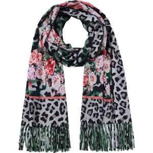 Nouka Grijze & Groene Multicolor Dames Sjaal��– Warme & Lichte Sjaal – Panterprint– Bloemenprint– Herfst / Winter – met Franjes – 70 x 180 cm