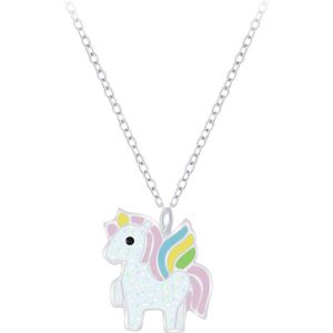 Zilveren ketting, glitter gevleugelde eenhoorn hanger