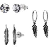 Cadeautip | Oorbellen set | Zilveren oorbellen set, kristal en veertjes