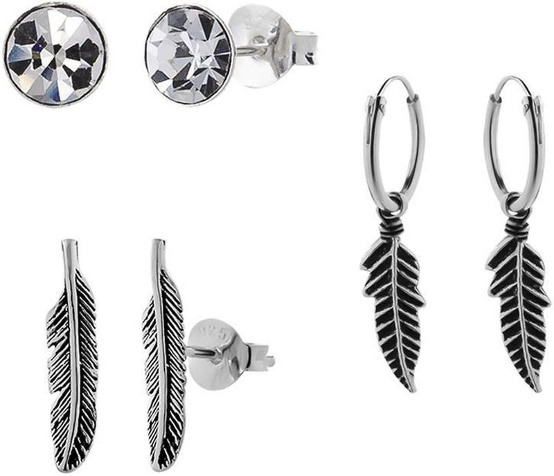 Cadeautip | Oorbellen set | Zilveren oorbellen set, kristal en veertjes