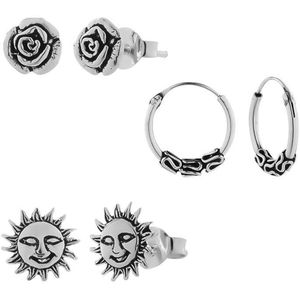 Zilveren oorbellen set, Bali hoop, zonnetje en roos