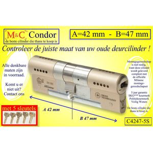 M&C Conder high-tech security deurcilinder 42x47 mm MET 5 SLEUTELS - SKG*** - Politiekeurmerk Veilig Wonen  -  inclusief MilaNNE gereedschap montageset