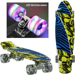 Sajan - Skateboard - LED Verlichting - Penny board - Camouflage Blauw-Geel - 22.5 inch - 56cm - Skateboard met Verlichting - Diverse Kleuren