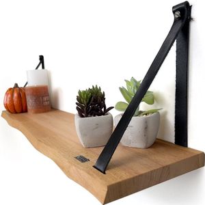 Industrial Living Boekenplank Industrieel - Zwevende Wandplank Met Zwarte Leren Riemen - Massief Hout