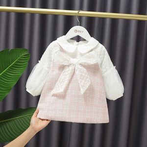 Herfst Baby Meisje Zoete Mesh Lange Mouwen Plaid Jurk Kind Strik Prinses Jurk Kinderen