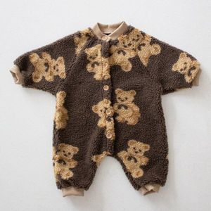 2022 Winter Thicken Warm Baby Rompertjes Beer Print Peuter Jongens Jumpsuits Enkele Breasted Meisjes Kleding Fleece Baby Uit Pak