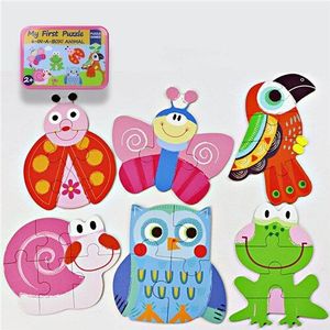Baby Cartoon 3D Ijzeren Doos Houten Dier/Verkeer Puzzels Educatief Speelgoed Houten Puzzel Speelgoed Voor Kinderen