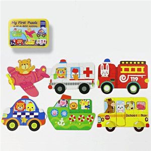Baby Cartoon 3D Ijzeren Doos Houten Dier/Verkeer Puzzels Educatief Speelgoed Houten Puzzel Speelgoed Voor Kinderen