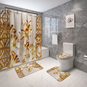 Bloemen Badkamer Tapijt Badmat Met Douchegordijn Set Flanel Toilet Seat Cover Mat Water Absorberende Bad Tapijt Badkamer Tapijten