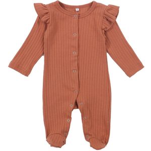 Focusnorm 0-6M Pasgeboren Baby Jongens Meisjes Footies Solid Ruches Lange Mouwen Knit Enkele Breasted Herfst Jumpsuits 4 kleuren