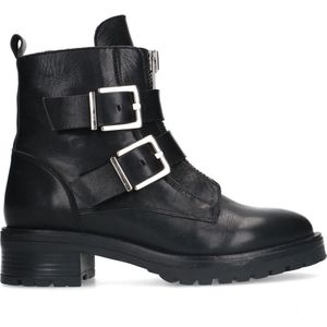 Sacha - Dames - Zwarte leren biker boots met zilverkleurige gespen