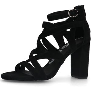 Sacha - Zwarte Suède Opengewerkte Sandalen met Hak