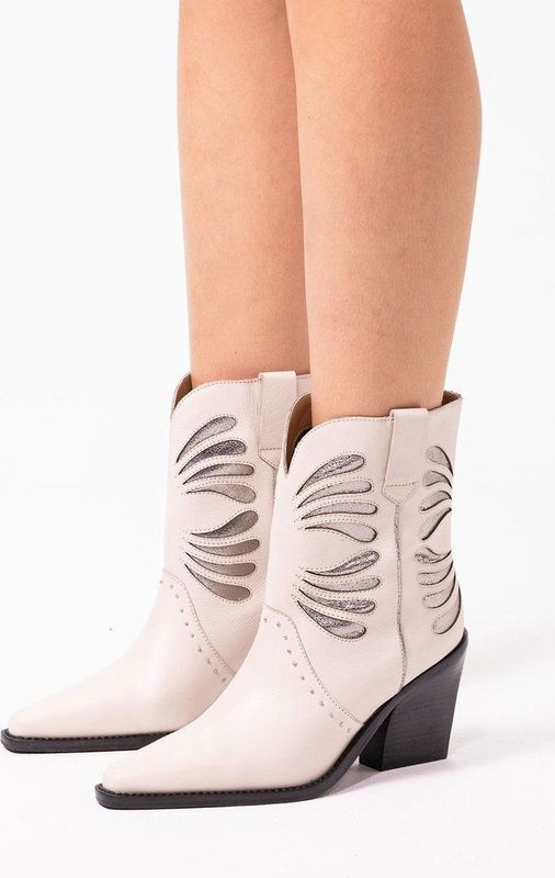 Sacha - Dames - Off white leren cowboy laarsjes met zilveren details
